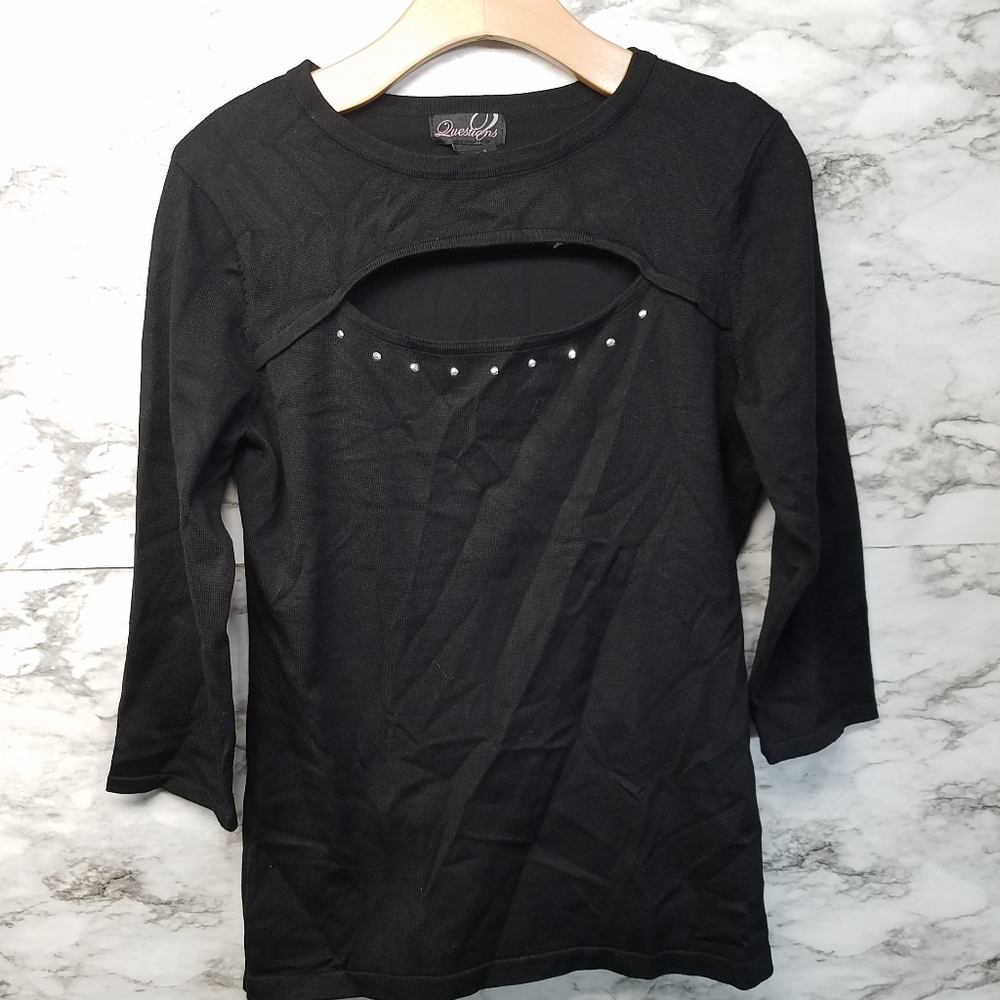 Questions Womens Black Pullover Top Sweater m